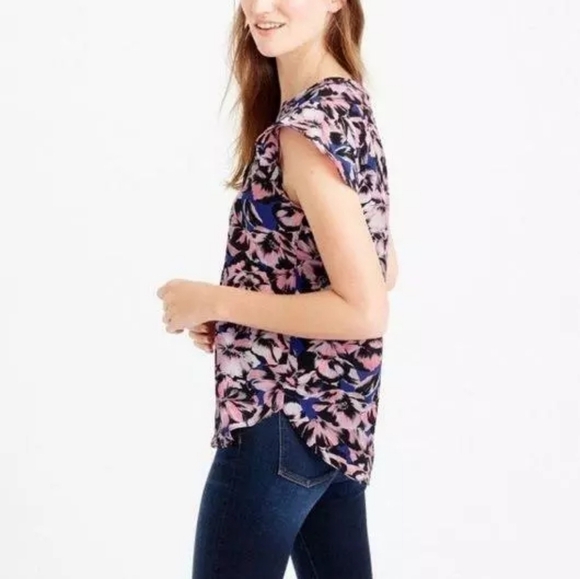 J. Crew 100% Silk Flutter Sleeve Hibiscus Top - Picture 2 of 6